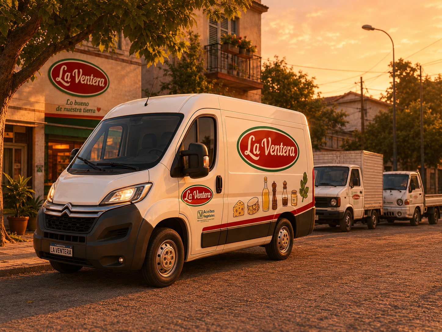 Furgón blanco de La Ventera con el logo, estacionado frente al local al atardecer