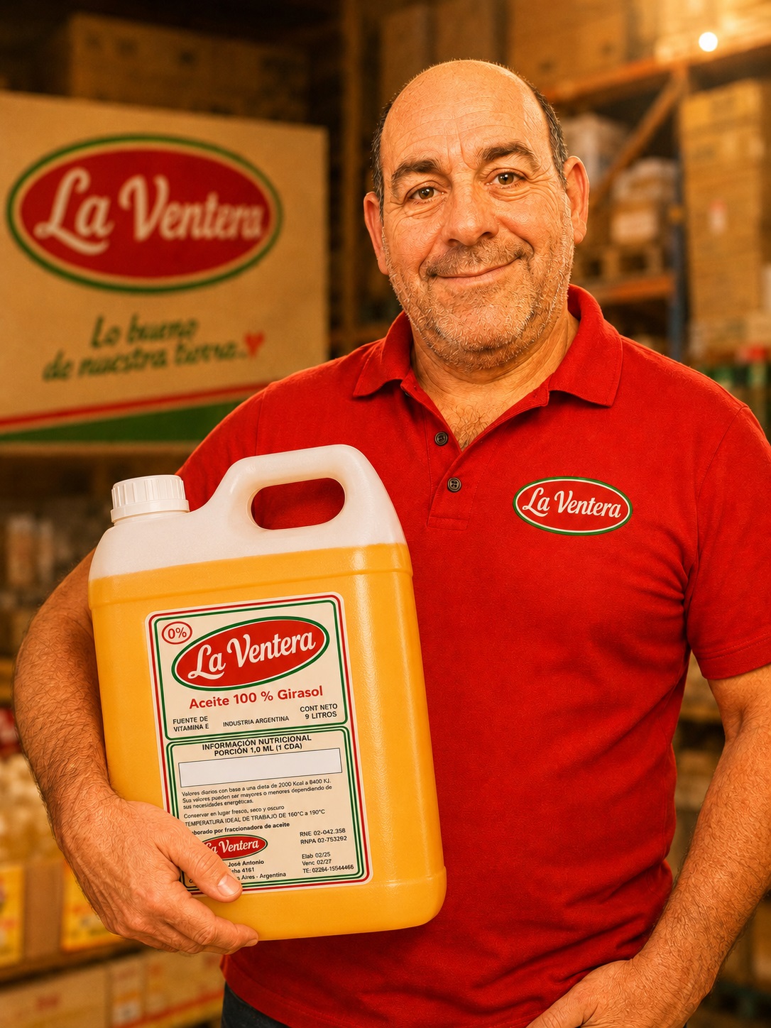 José Antonio Fernández sosteniendo un bidón de aceite La Ventera en su depósito